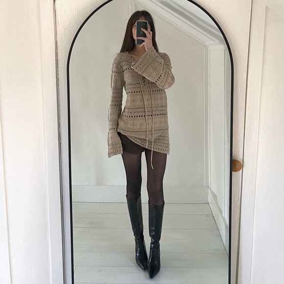 TheOpen Product Pointelle Crochet Knit Wide Sleeve Sweater in Beige Size 1 - Picture 5 of 14